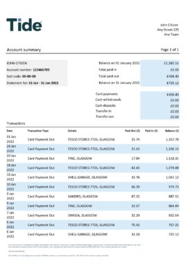 United Kingdom Tide bank statement, Excel and PDF template