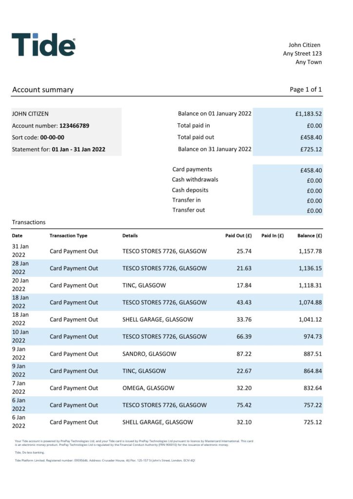 United Kingdom Tide bank statement, Excel and PDF template