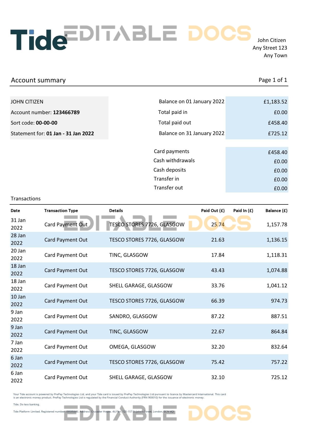 United Kingdom Tide bank statement, Excel and PDF template