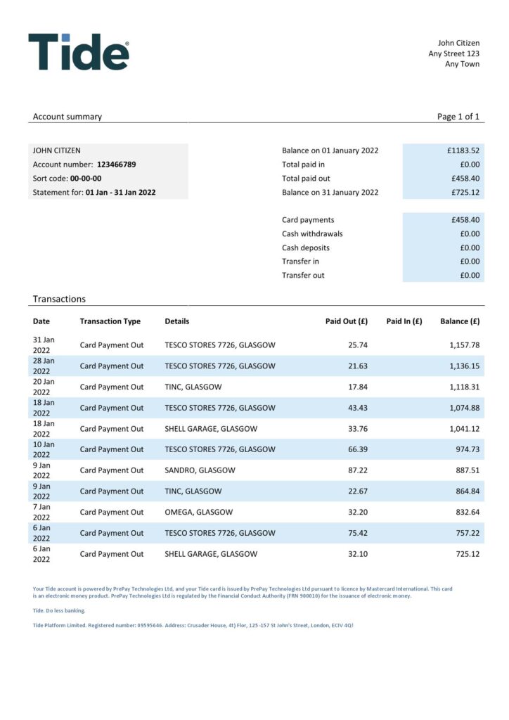 United Kingdom Tide bank statement, Word and PDF template