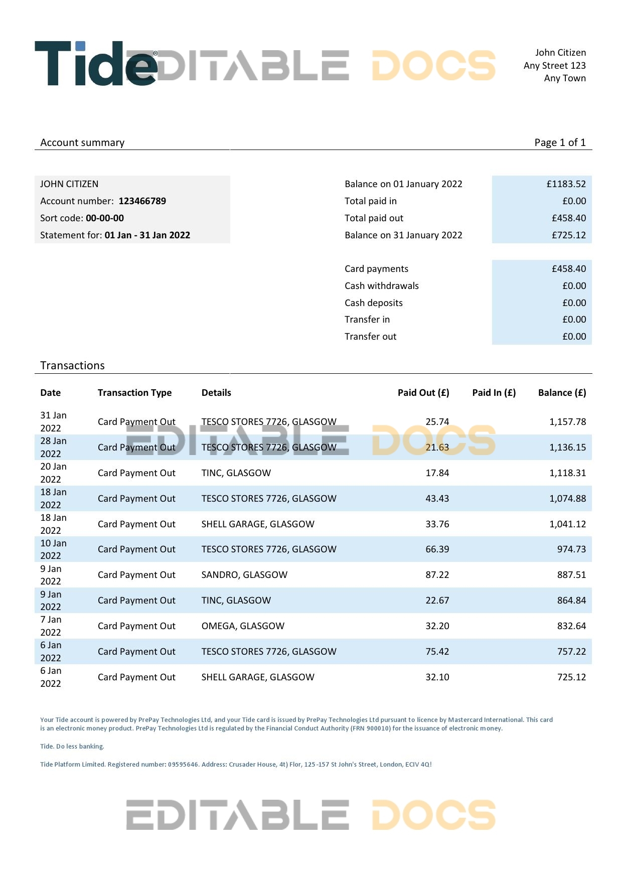 United Kingdom Tide bank statement, Word and PDF template