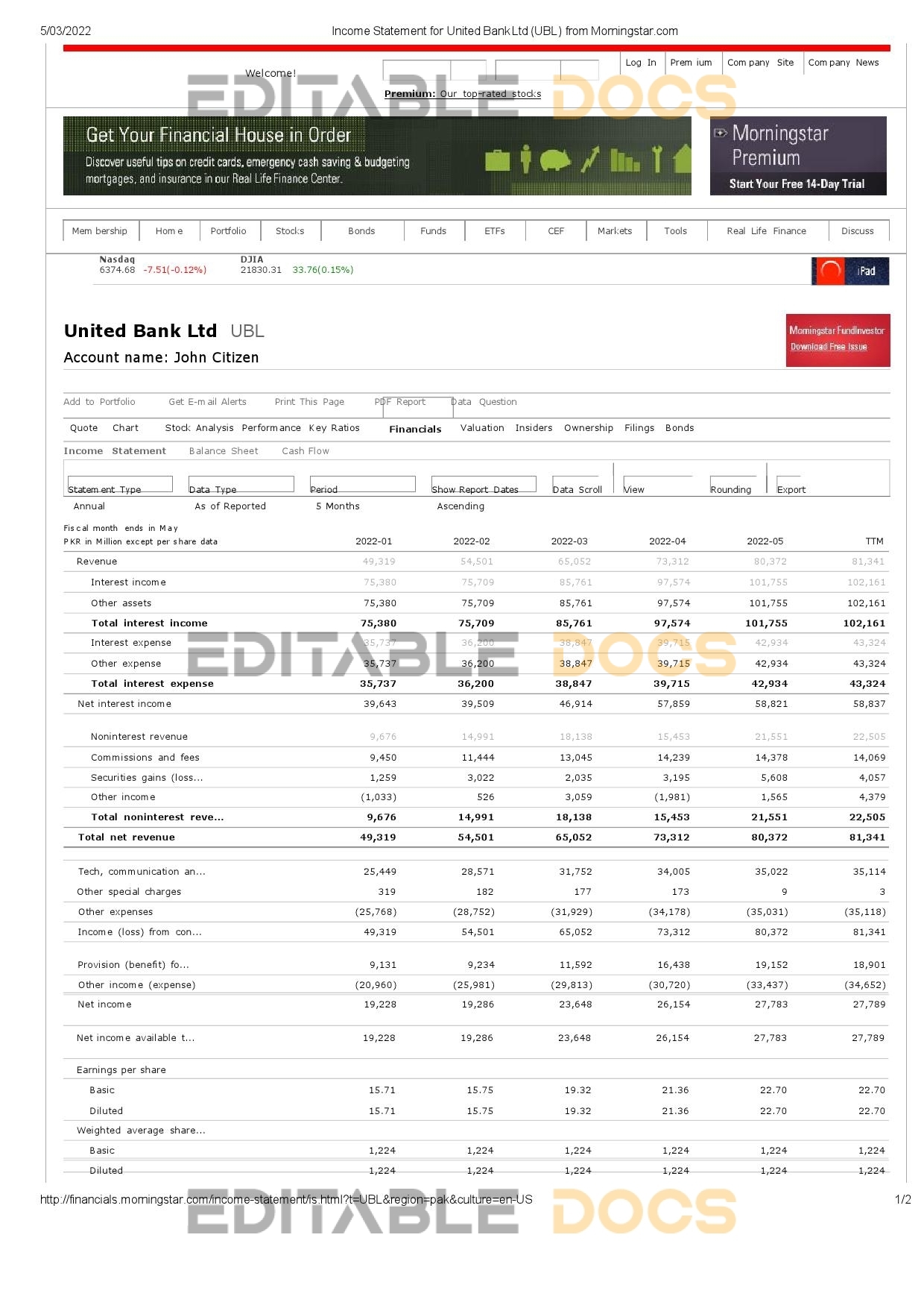 United Kingdom United Bank Ltd (UBL) bank incoming statement, Word and PDF template, 2 pages