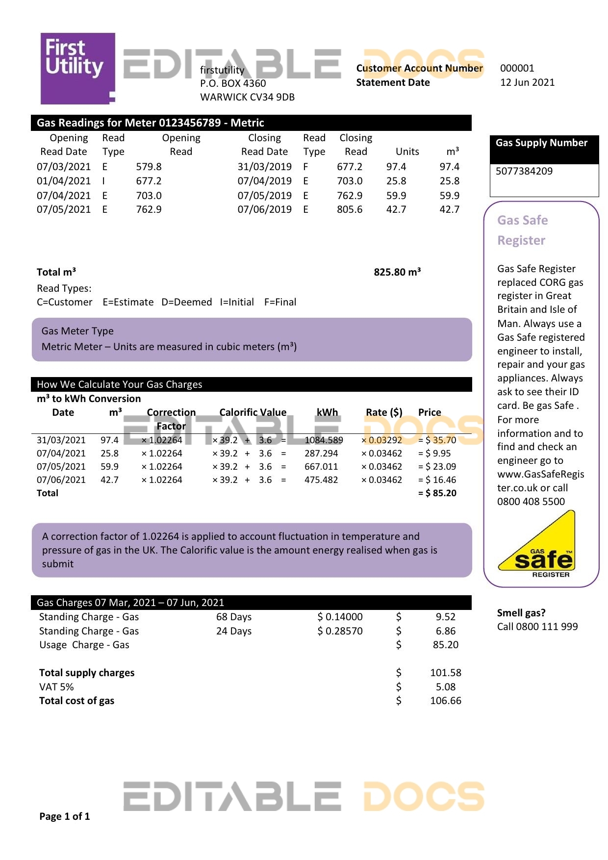 United Kingdom Warwick First Utility bill template in Word and PDF format