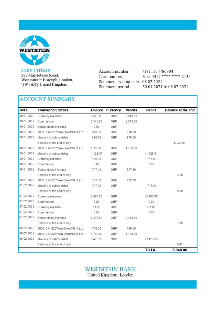 United Kingdom WestStein Bank statement template in Excel and PDF format