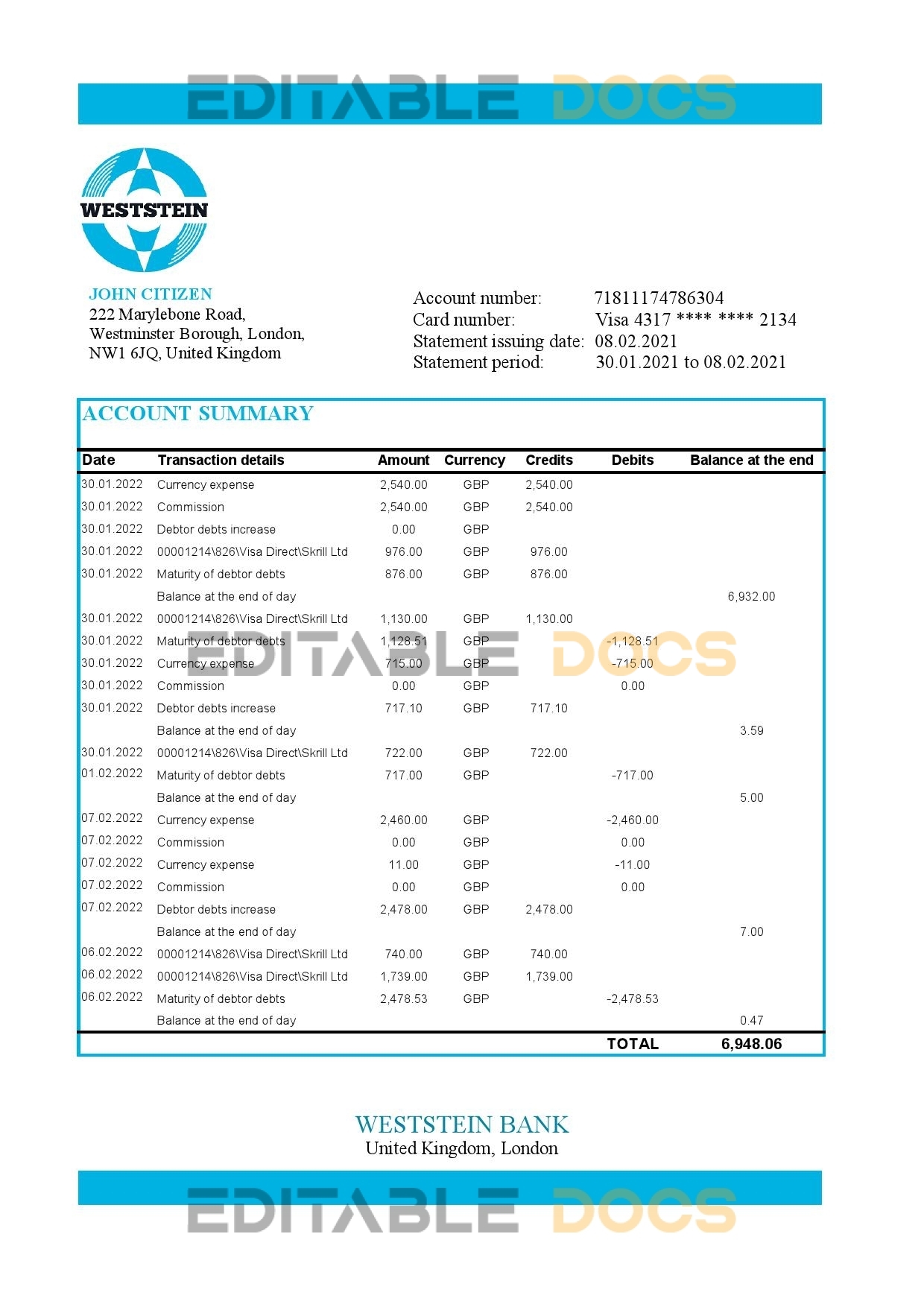United Kingdom WestStein Bank statement template in Excel and PDF format