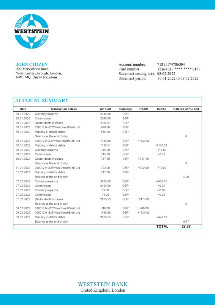 United Kingdom WestStein Bank statement template in Word and PDF format
