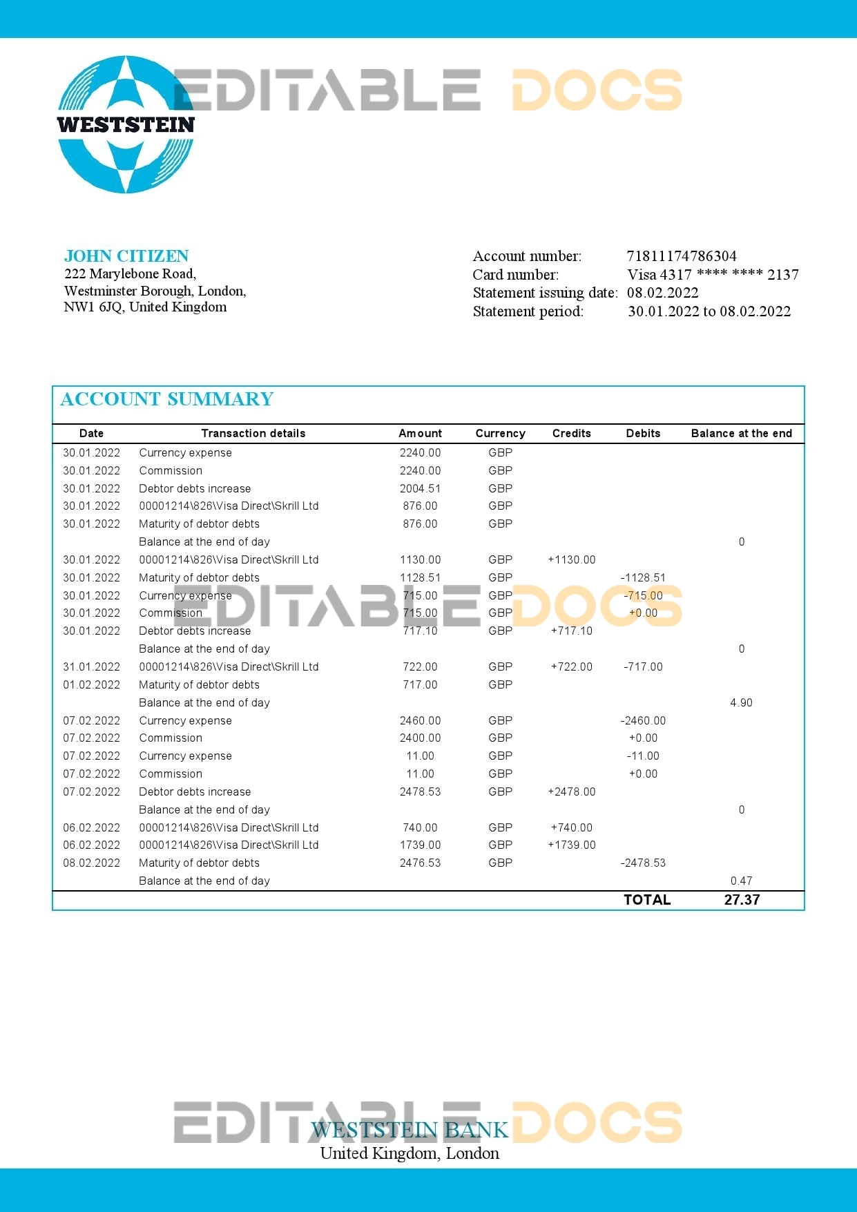 United Kingdom WestStein Bank statement template in Word and PDF format