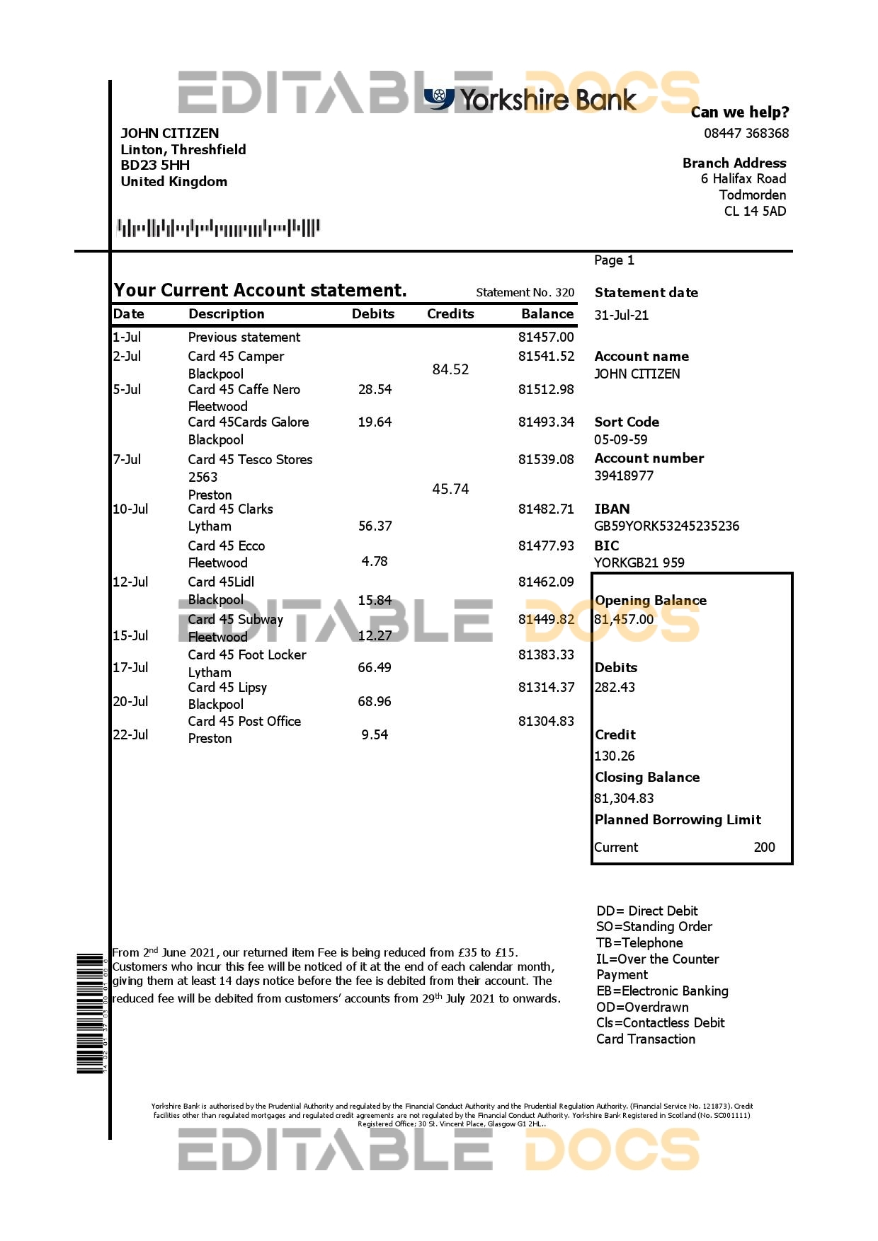 United Kingdom Yorkshire bank statement easy to fill template in Excel and PDF format