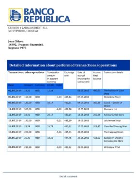 Uruguay Banco de la República Oriental del Uruguay bank statement template in Word and PDF format, good for address prove