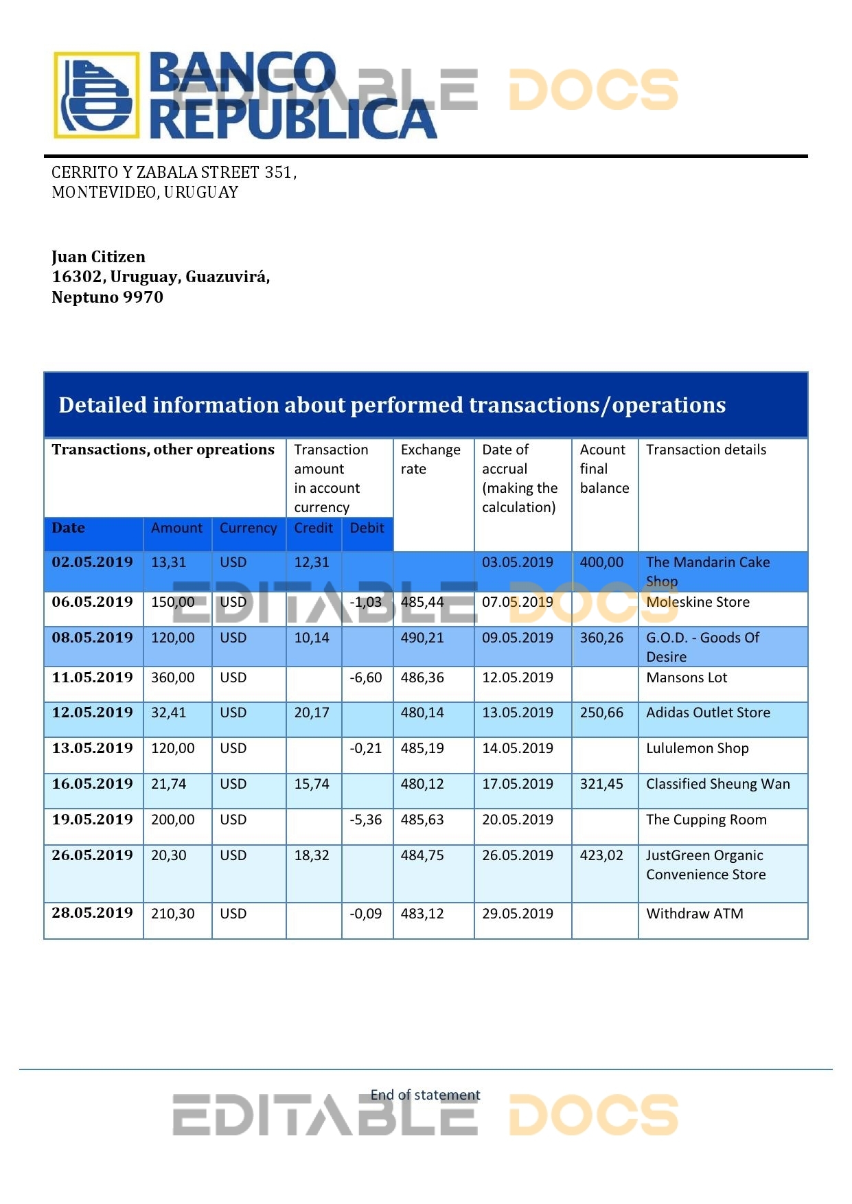 Uruguay Banco de la República Oriental del Uruguay bank statement template in Word and PDF format, good for address prove