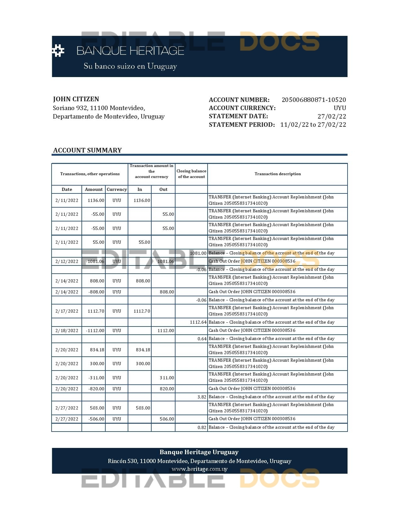 Uruguay Banque Heritage bank statement, Excel and PDF template