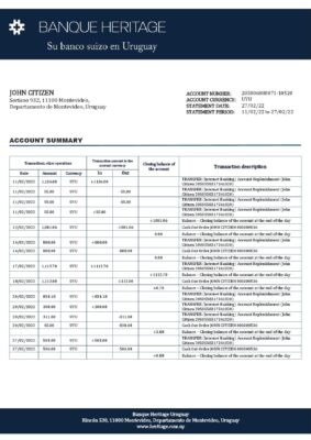 Uruguay Banque Heritage bank statement template in Word and PDF format