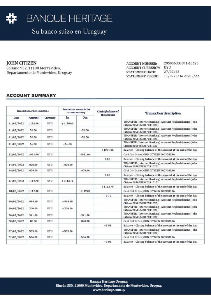 Uruguay Banque Heritage bank statement template in Word and PDF format