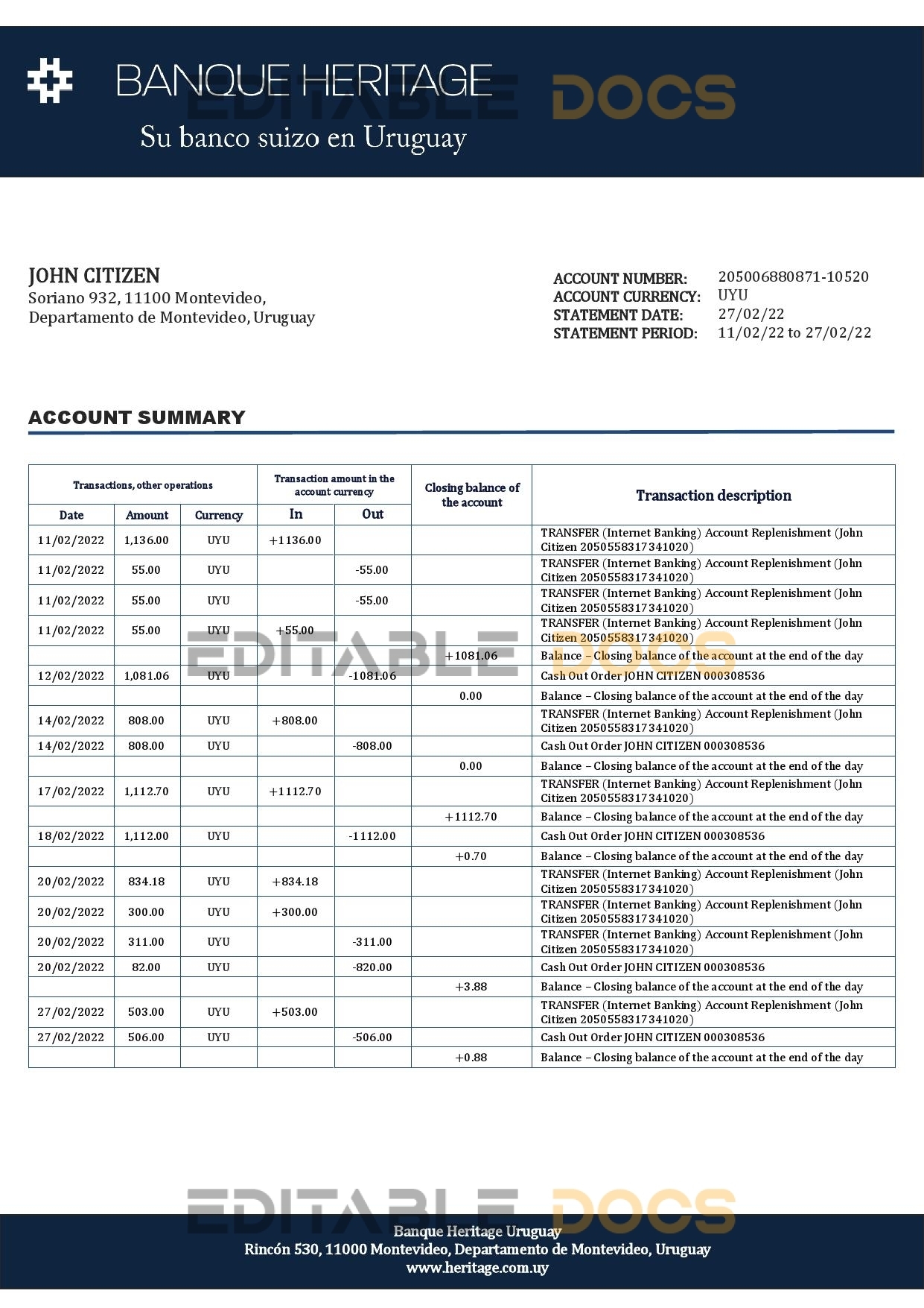 Uruguay Banque Heritage bank statement template in Word and PDF format