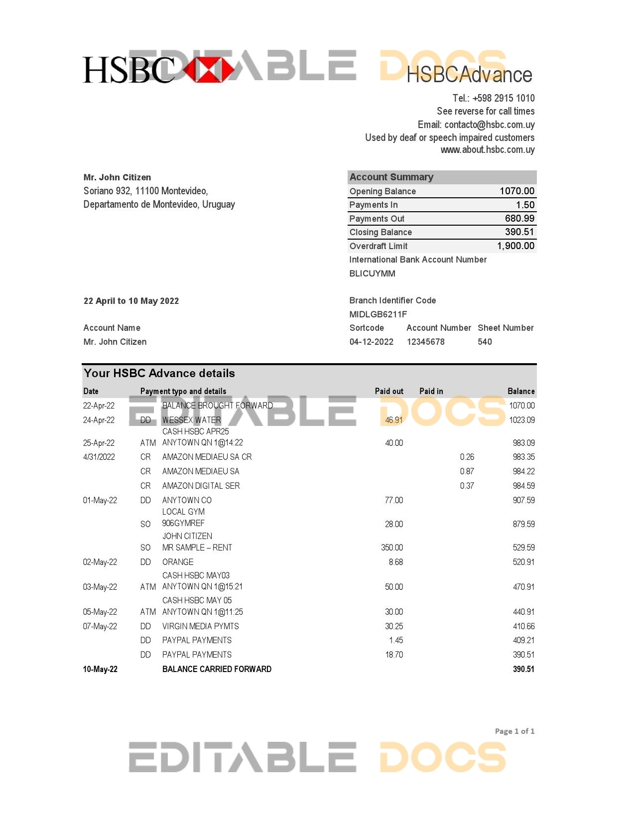 Uruguay HSBC bank statement, Excel and PDF template
