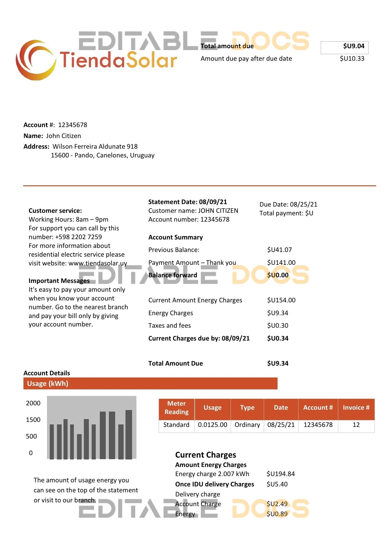 Uruguay TiendaSolar utility bill template in Word and PDF format