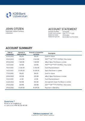 Uzbekistan KDB Bank statement template in Word and PDF format