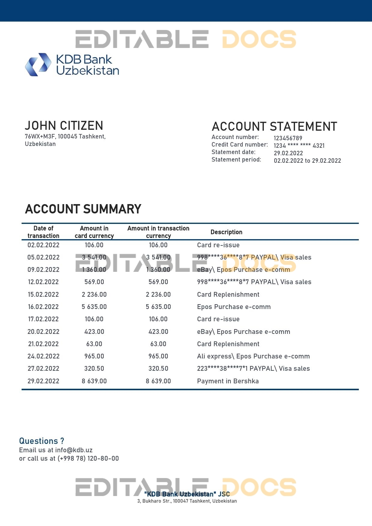 Uzbekistan KDB Bank statement template in Word and PDF format