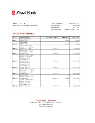 Uzbekistan Ziraat Bank statement, Excel and PDF format
