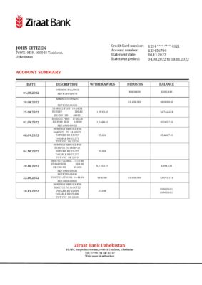Uzbekistan Ziraat Bank statement template in Word and PDF format