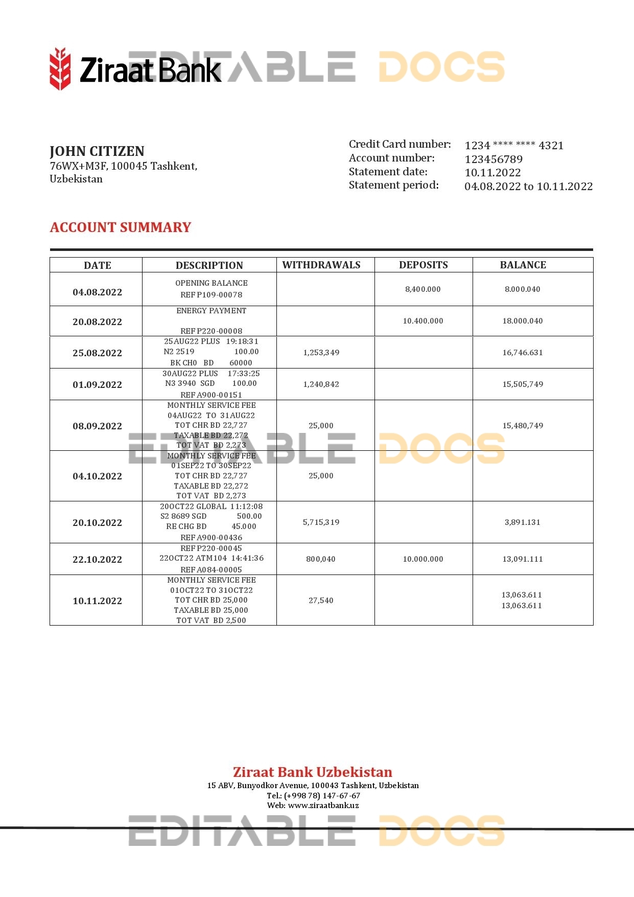 Uzbekistan Ziraat Bank statement template in Word and PDF format