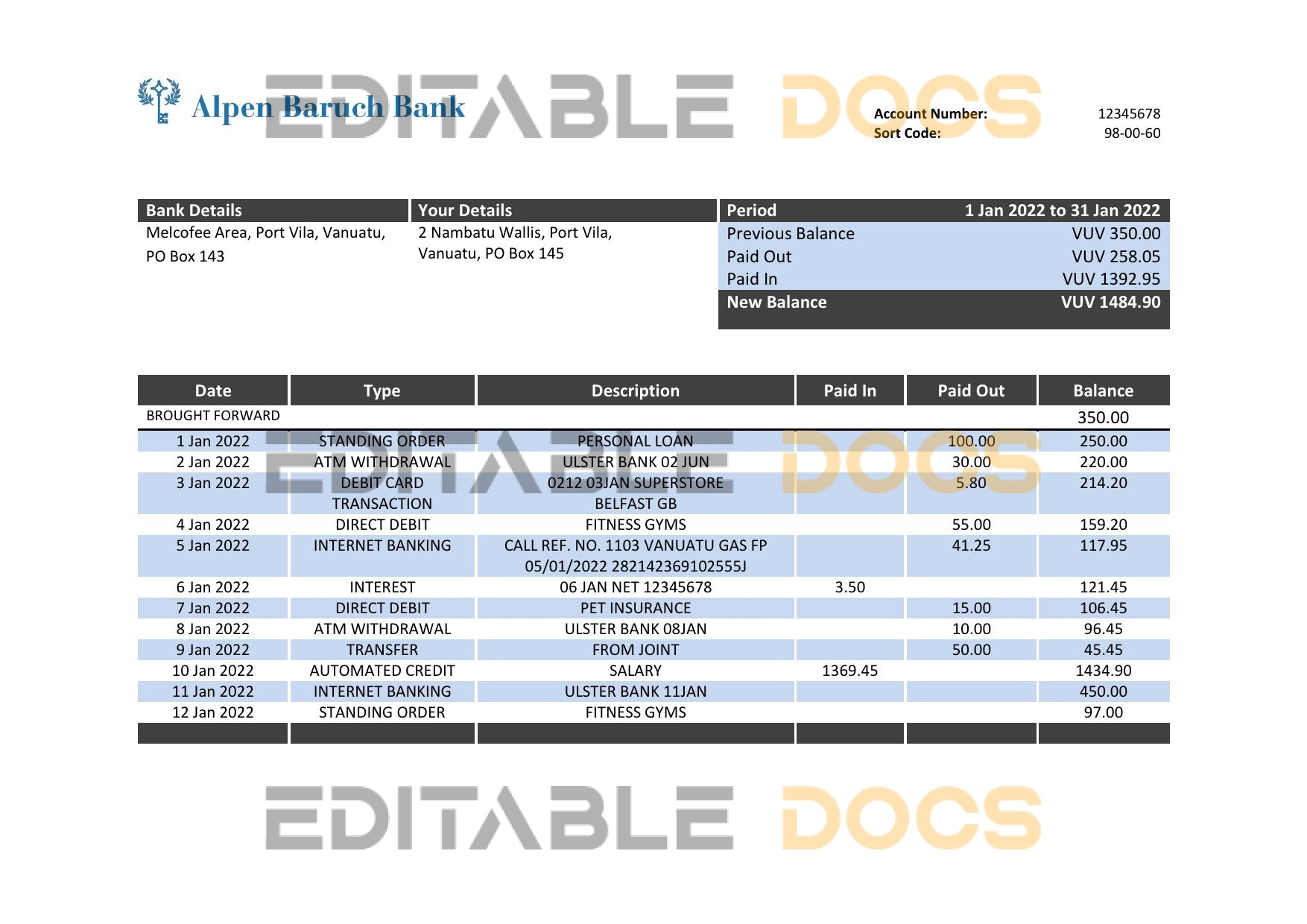 Vanuatu Alpen Baruch Bank statement template in Word and PDF format