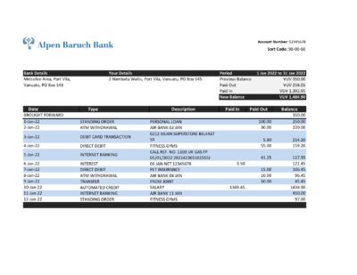 Vanuatu Alpen Baruch bank statement, Excel and PDF template