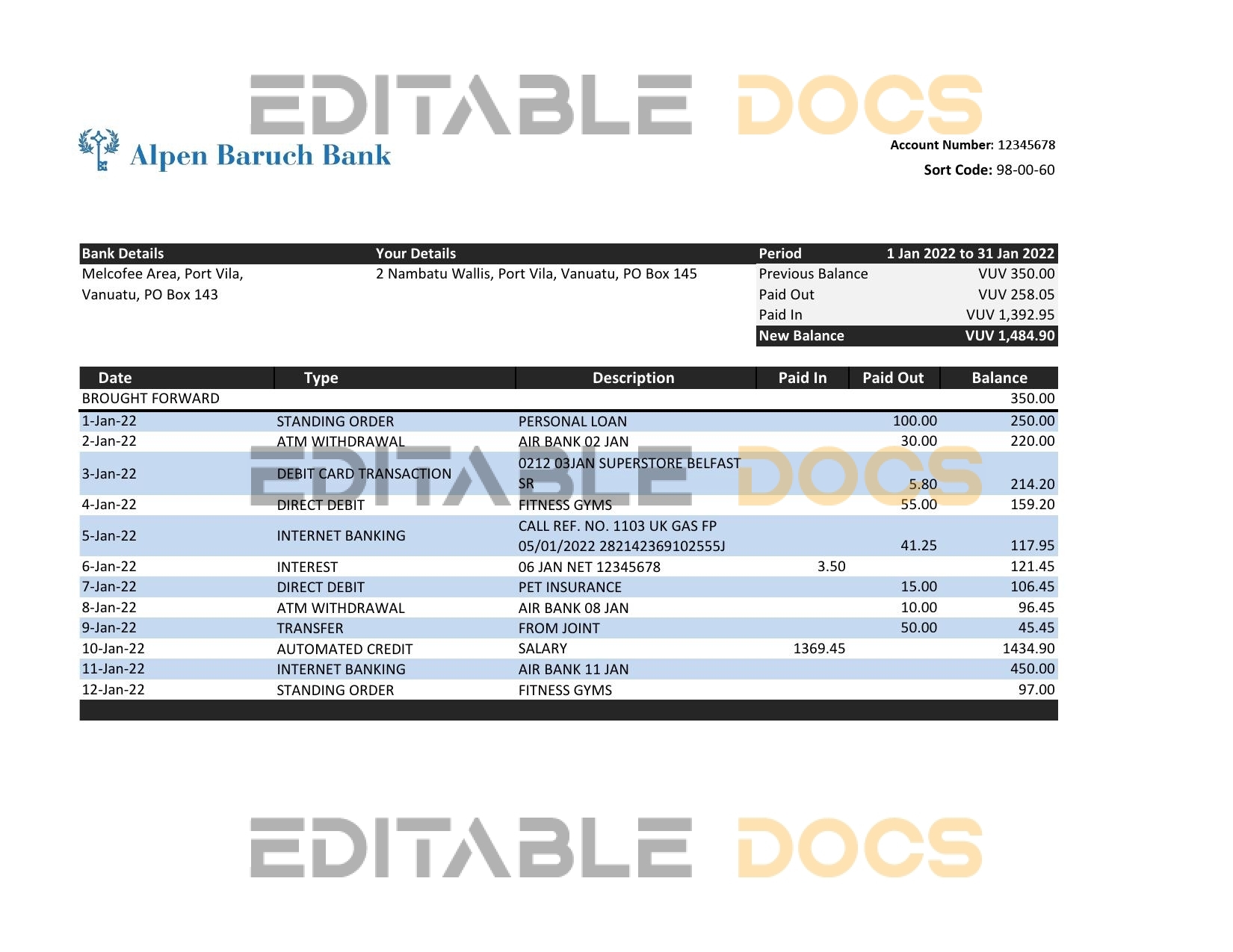 Vanuatu Alpen Baruch bank statement, Excel and PDF template