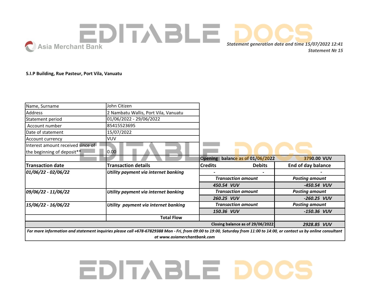 Vanuatu Asia Merchant bank statement, Excel and PDF format
