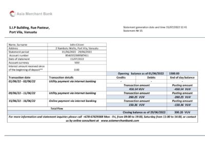 Vanuatu Asia Merchant bank statement template in Word and PDF format