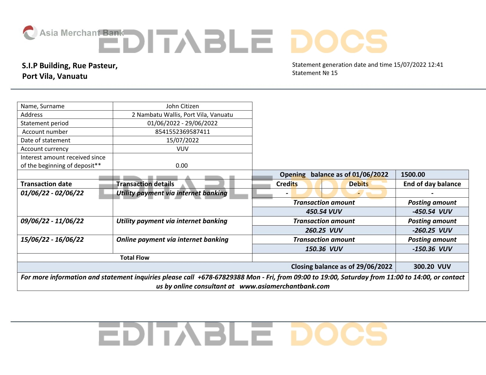 Vanuatu Asia Merchant bank statement template in Word and PDF format