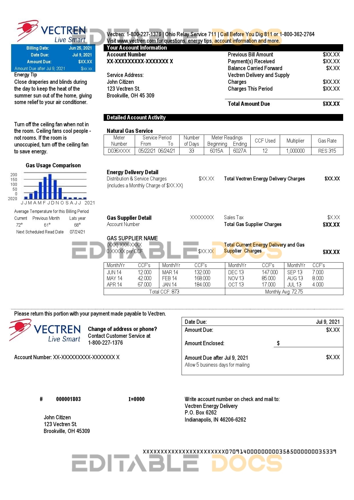 USA Ohio Vectren Energy utility bill template in Word and PDF format