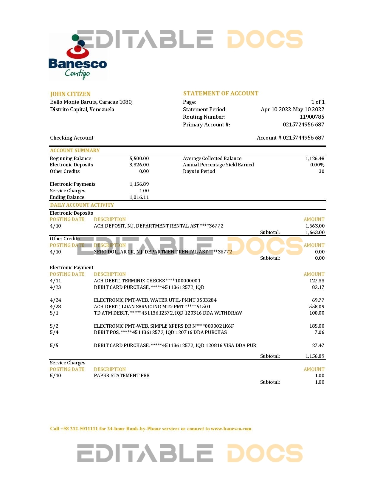Venezuela Banesco bank statement, Excel and PDF template