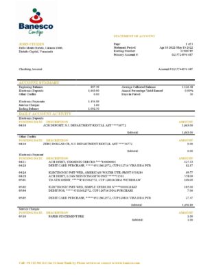 Venezuela Banesco bank statement template in Word and PDF format