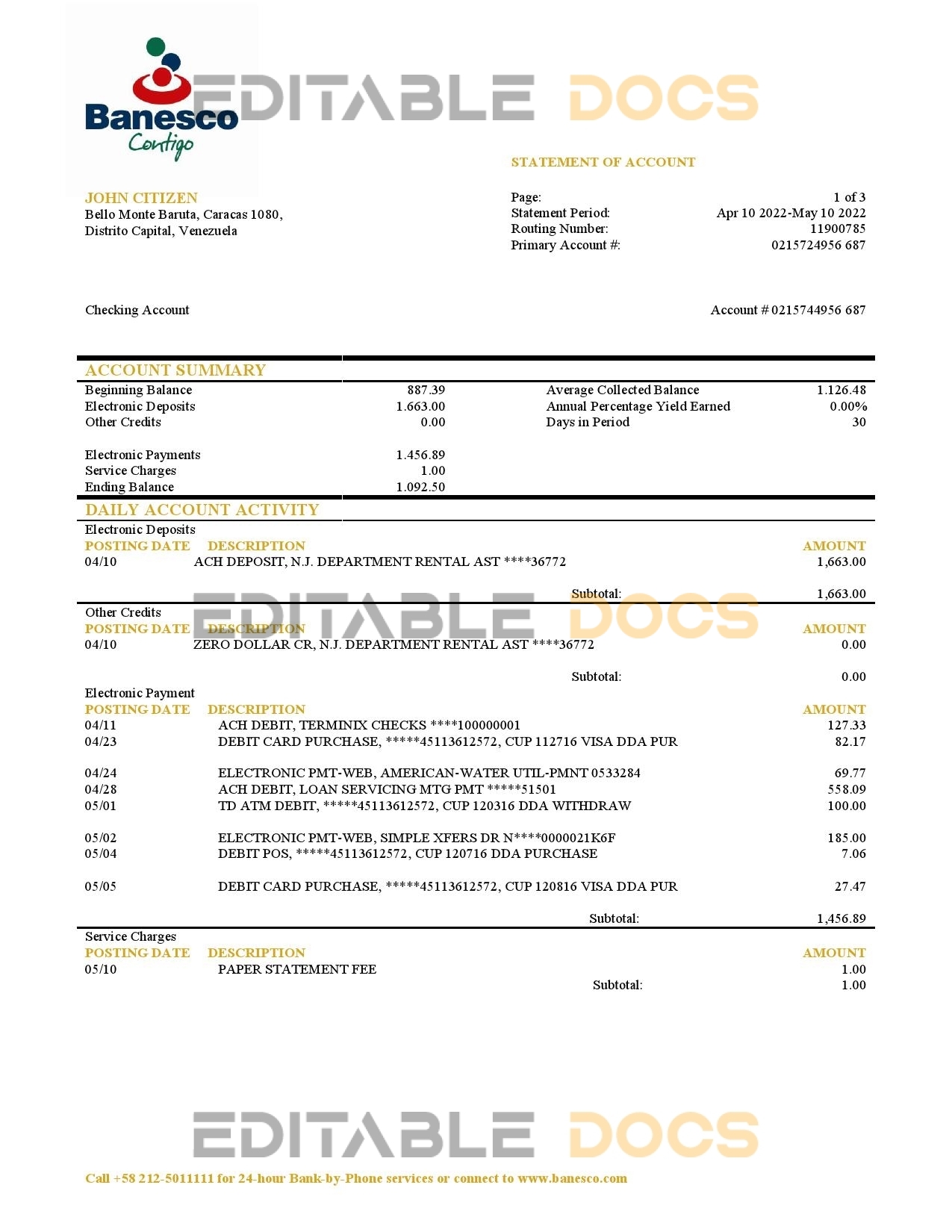 Venezuela Banesco bank statement template in Word and PDF format