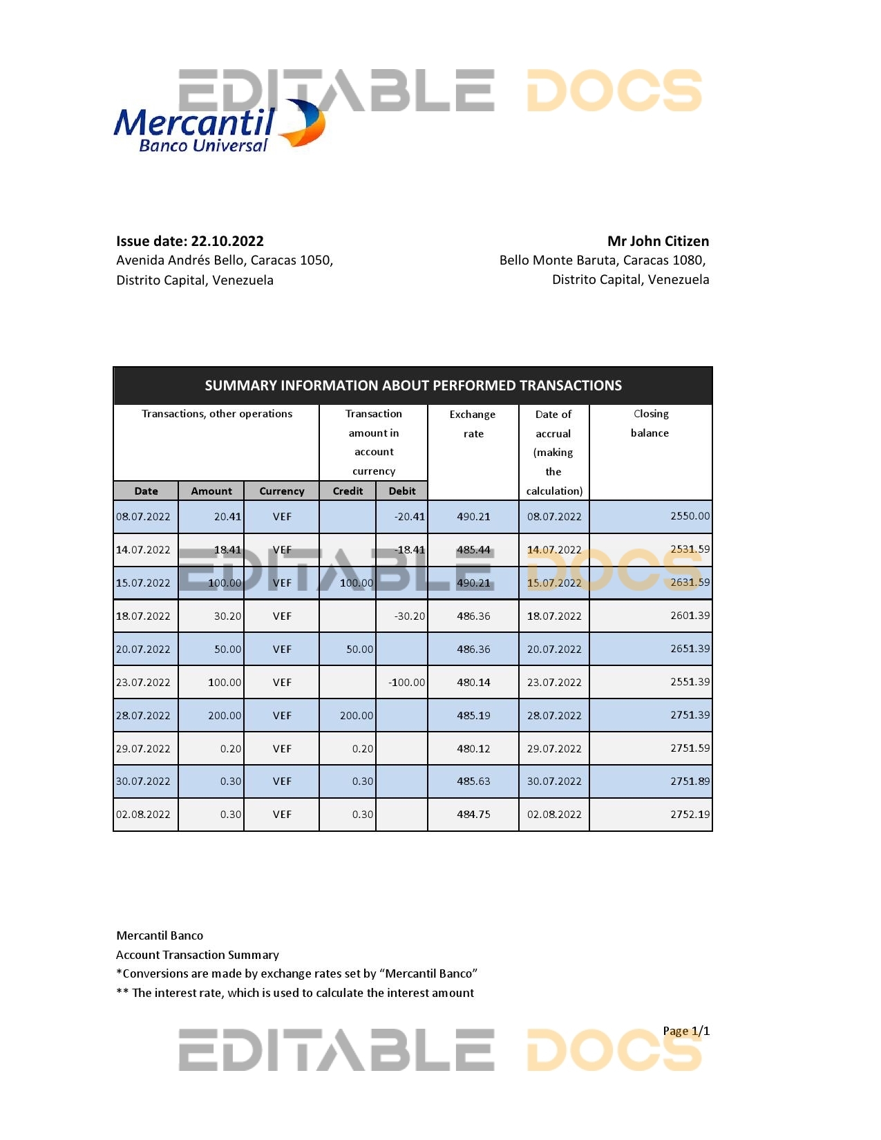 Venezuela Mercantil bank statement, Excel and PDF template
