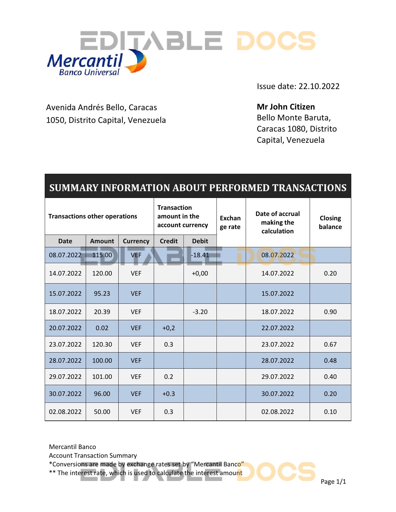 Venezuela Mercantil bank statement template in Word and PDF format