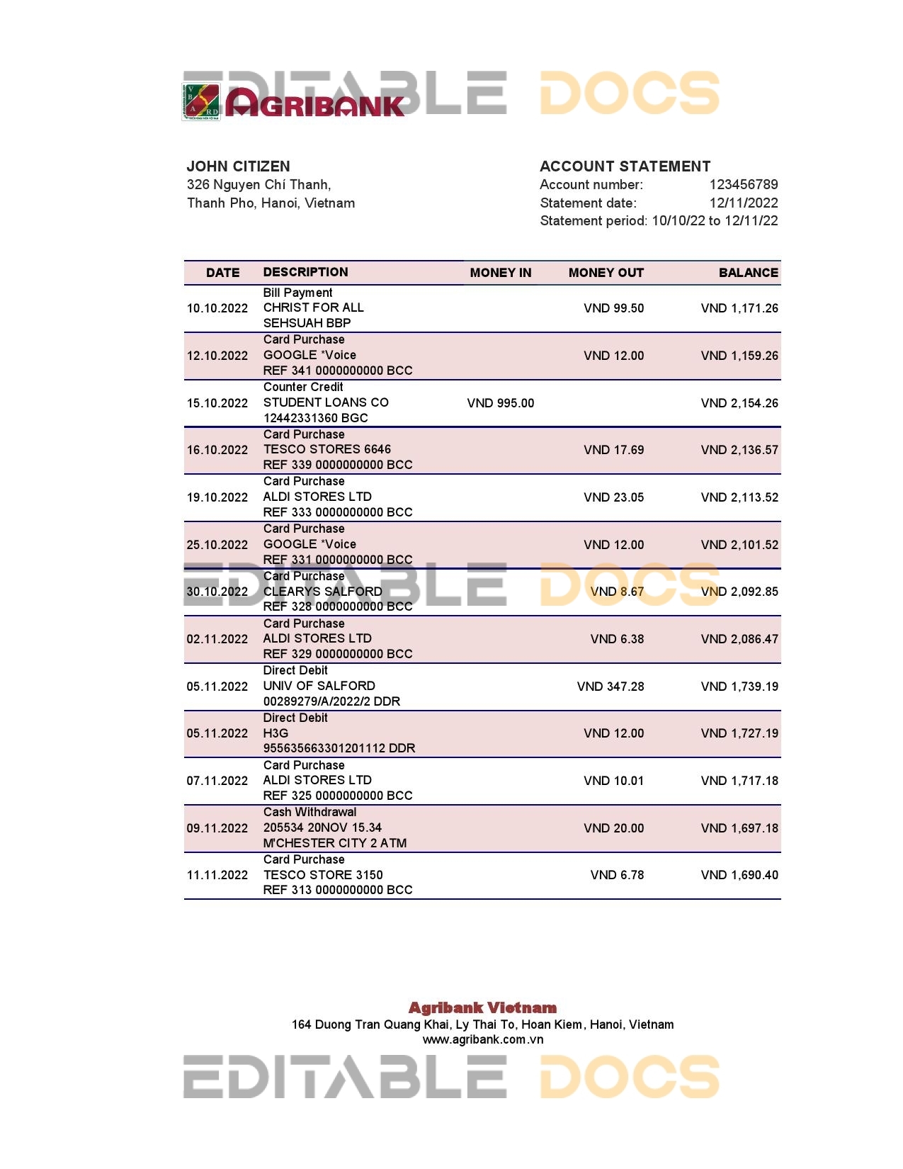 Vietnam Agribank bank statement, Excel and PDF template