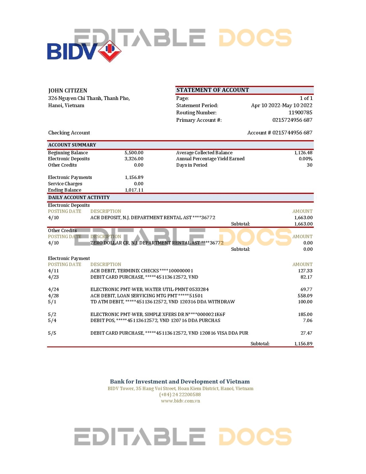 Vietnam BIDV bank statement, Excel and PDF template