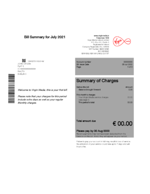 Ireland Virgin Media utility bill template editable in Word and PDF, version 1