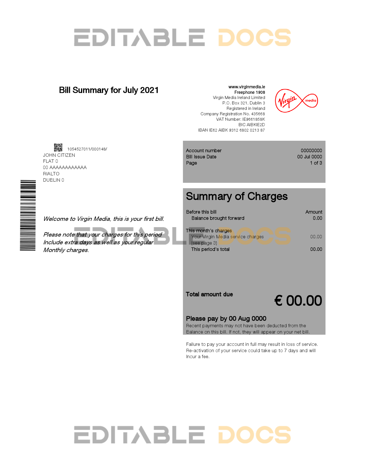 Ireland Virgin Media utility bill template in Word and PDF format, version 2