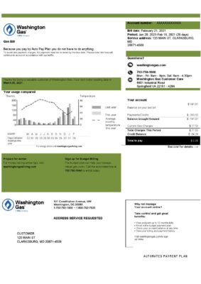 USA Washington Gas (WGL) utility bill template in Word and PDF format