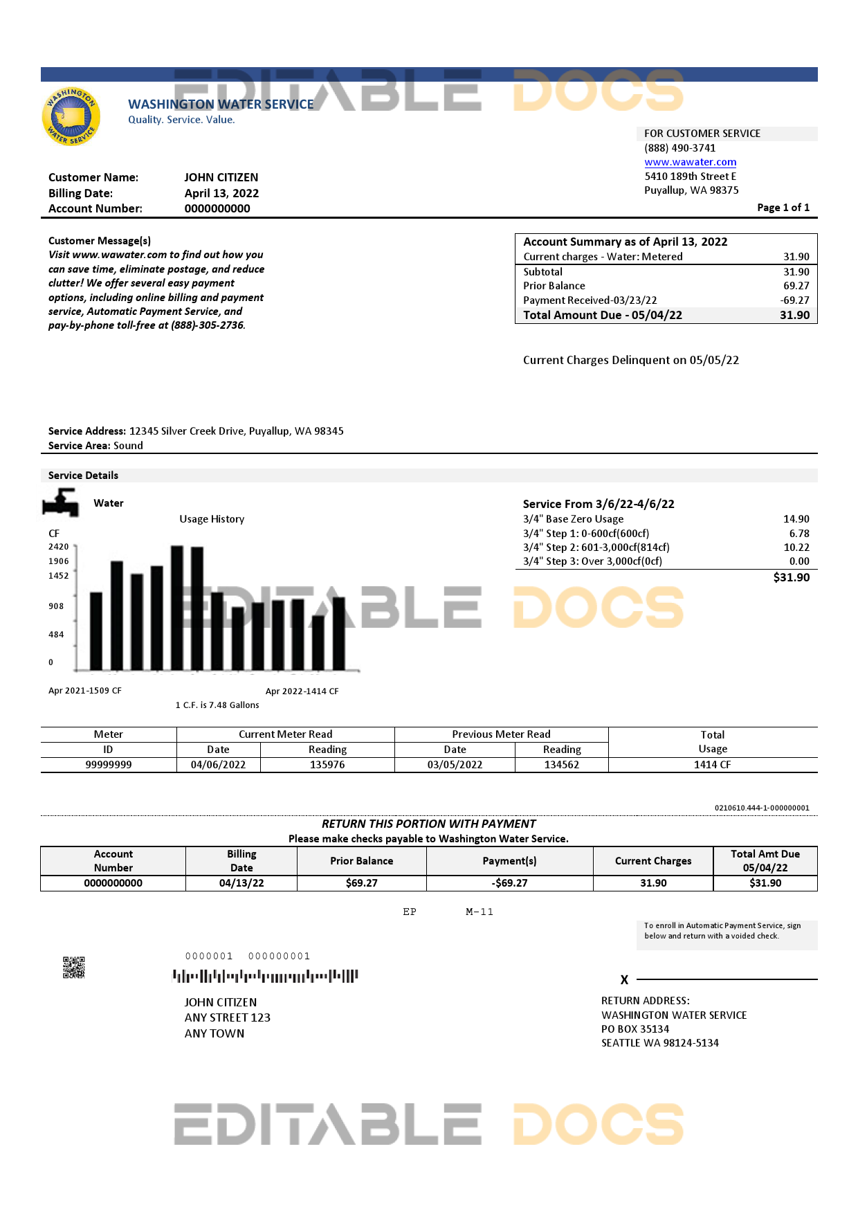 USA Washington Water Service utility bill template in Word and PDF format