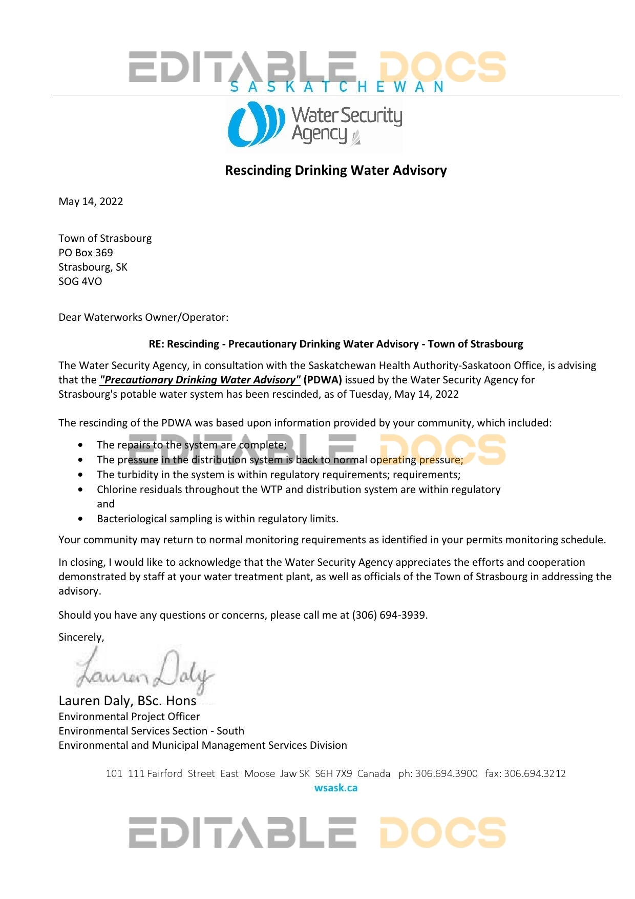 Canada Saskatchewan Strasbourg Water Security Agency water utility shut off notice, Word and PDF template