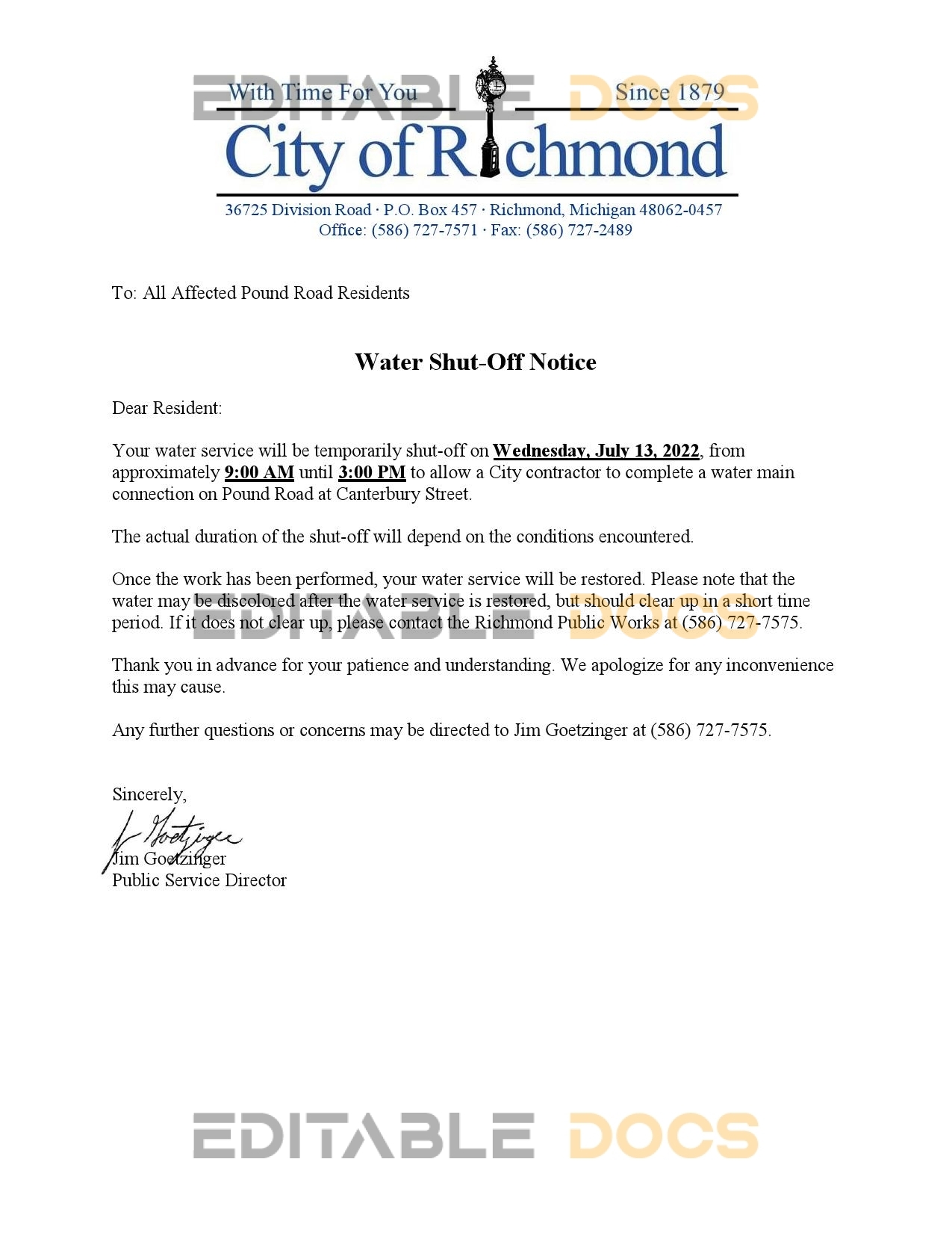 USA Michigan City of Richmond water utility bill shutoff notice, Word and PDF template