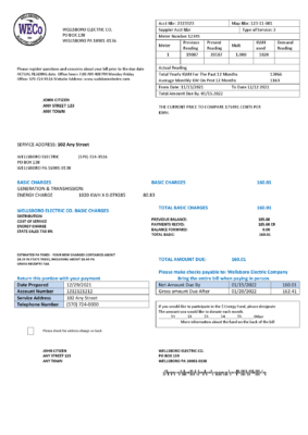 USA Pennsylvania Wellsboro Electric utility bill template in Word and PDF format