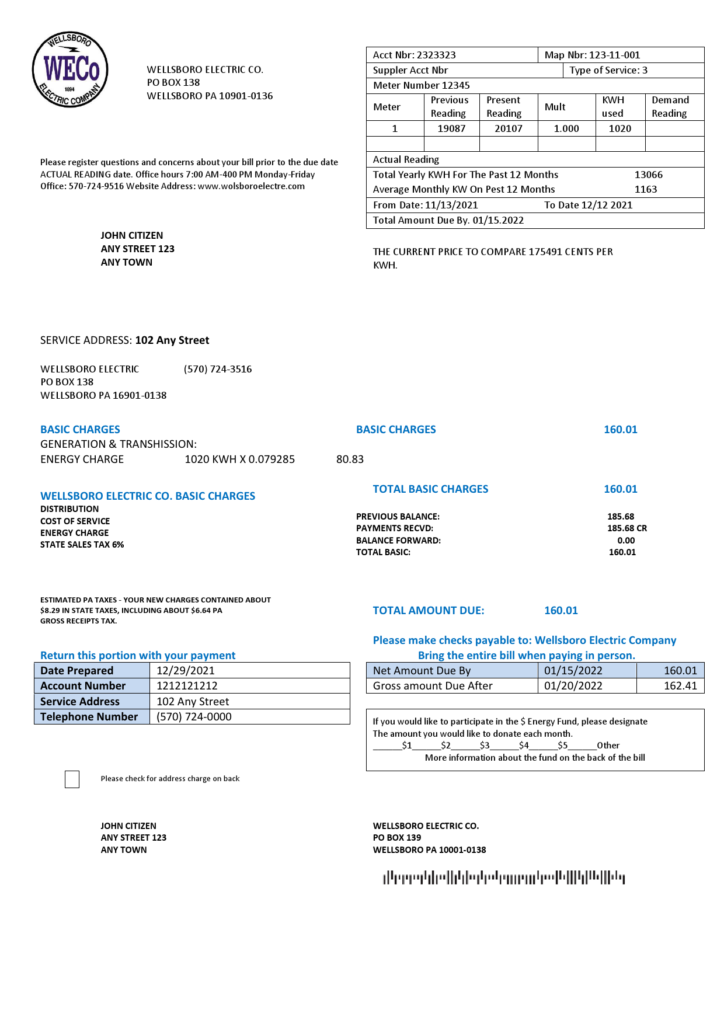 USA Pennsylvania Wellsboro Electric utility bill template in Word and PDF format