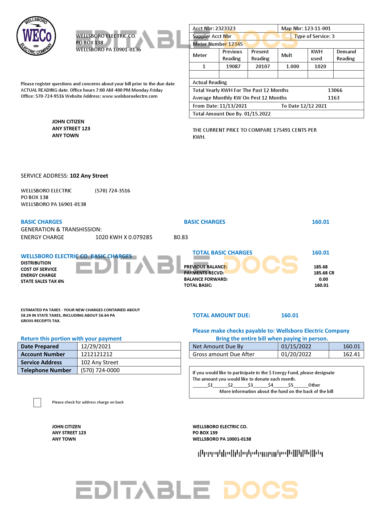 USA Pennsylvania Wellsboro Electric utility bill template in Word and PDF format