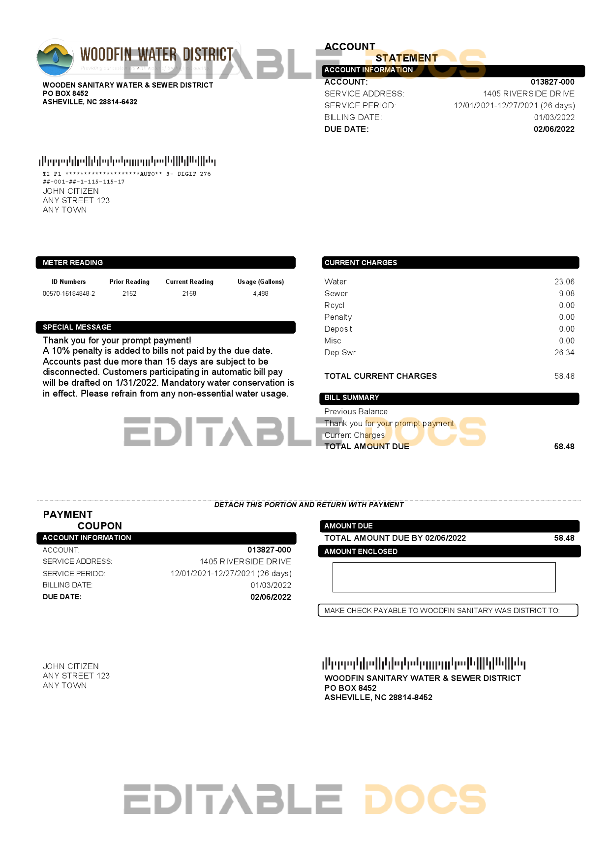 USA North Carolina Woodfin Sanitary Water & Sewer District utility bill template in Word and PDF format