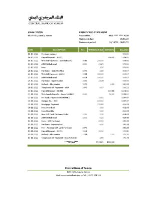 Yemen Central Bank of Yemen bank statement, Excel and PDF template